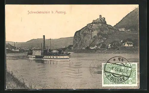 AK Schreckenstein /Aussig / Usti, Dampfer und Burg auf Felsen