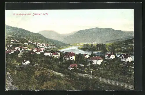AK Salesel / Dolni Zalezly, Blick auf Ortschaft in Hügellandschaft