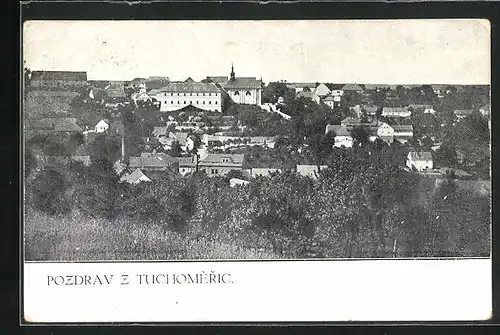 AK Tuchomerice, Ortsansicht mit grossem Gebäude