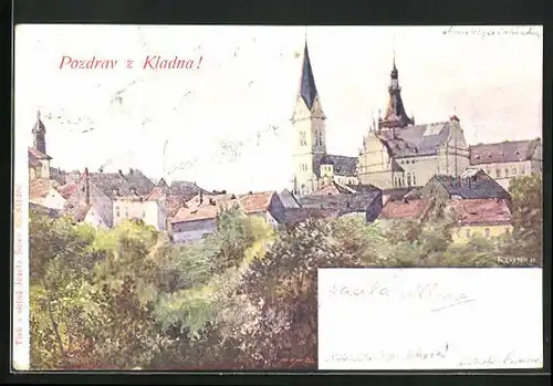 Künstler-AK Kladno, Ortsansicht mit direktem Blick zur Kirche