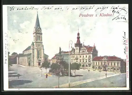 AK Kladno, Blick auf grossen Platz vor Kirche