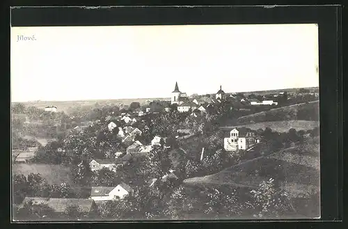 AK Jilové, Blick über die Stadt, Kirchturm