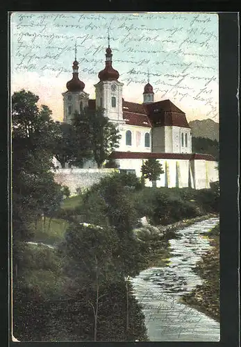 AK Haindorf / Hejnice, Klosterkirche und Bachlauf