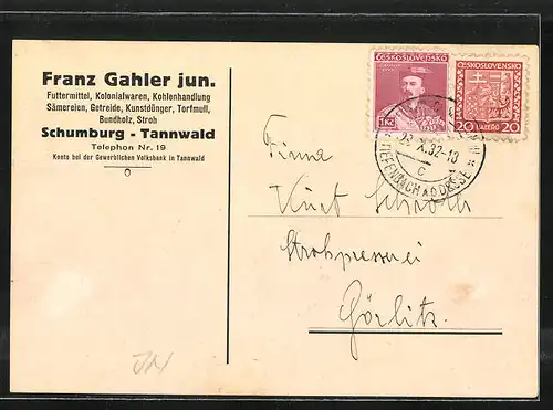 AK Schumburg-Tannwald, Franz Gahler jun. Futtermittel, Kolonialwaren, Kohlenhandlung, Sämereien, Getreide