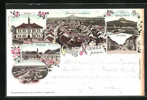 Lithographie Niemes, Scheibengasse, Marienplatz, Ringplatz, grosse & kleine Gasse, Rathaus