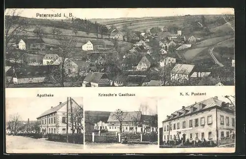 AK Peterswald i. B., Kriesche`s Gasthaus, K. K. Postamt, Apotheke