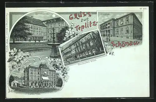 Mondschein-Lithographie Teplitz Schönau / Teplice, Herrenhaus, Deutsches Haus, Stadtbad