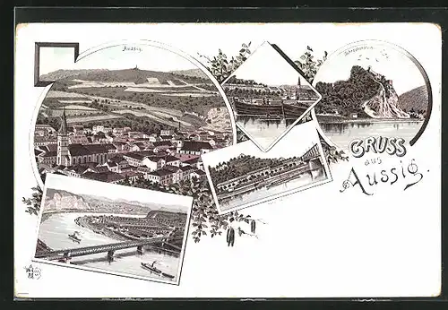 Lithographie Aussig / Usti, Schreckenstein, Ferdinandshöhe, Brücke mit Dampfern