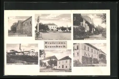 AK Grussbach, Zuckerfabrik, Schloss Emmahof, Kriegerdenkmal