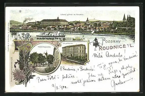 Lithographie Roudnice n. L., Celkovy pohled na Roudnici, Klaster Kapucinsky, Gymnasium