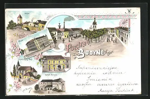 Lithographie Budyne, Zámek, Radnice, Skola