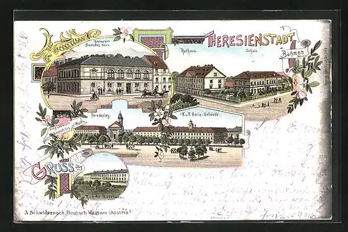 Lithographie Theresienstadt / Terezin, Restaurant Deutsches Haus, K. k. Genie-Gebäude, Schule