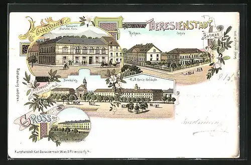 Lithographie Theresienstadt / Terezin, Restaurant Deutsches Haus, K. k. Genie-Gebäude, Schule