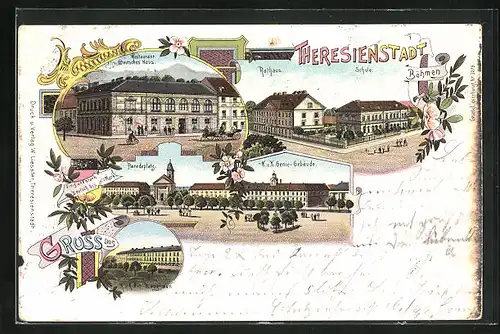 Lithographie Theresienstadt / Terezin, Restaurant Deutsches Haus, K. k. Genie-Gebäude, Schule