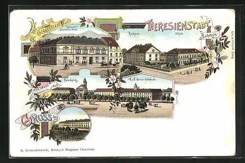 Lithographie Theresienstadt / Terezin, Restaurant Deutsches Haus, K. k. Genie-Gebäude, Schule