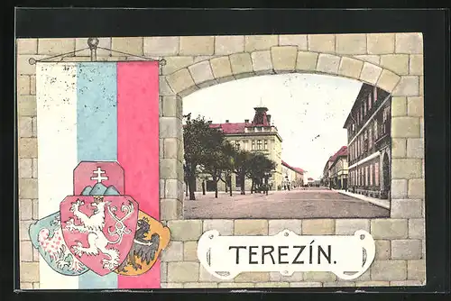 AK Theresienstadt / Terezin, Strassenpartie mit Gebäuden, Wappen