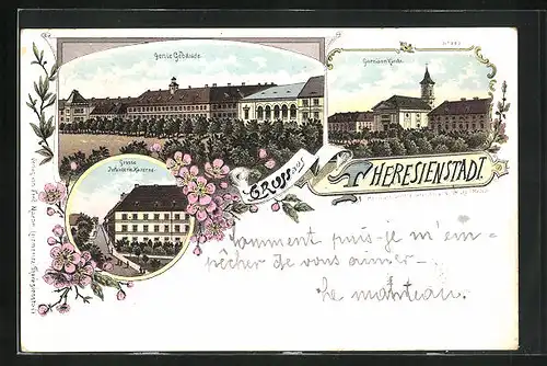 Lithographie Theresienstadt / Terezin, Grosse Infanterie-Kaserne, Garnisonskirche, Geniegebäude