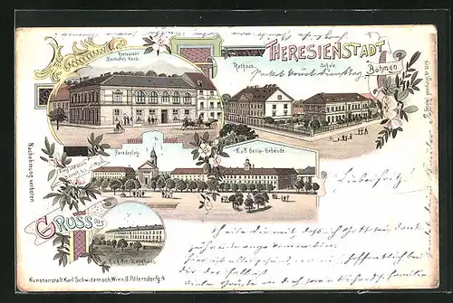 Lithographie Theresienstadt / Terezin, Restaurant Deutsches Haus, K. k. Genie-Gebäude, Rathaus