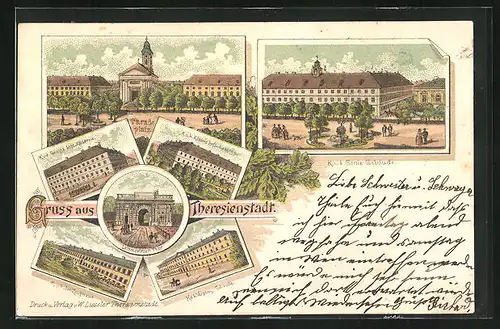 Lithographie Theresienstadt / Terezin, Grosse Inft.-Kaserne, Art.-Zeughaus, Genie-Gebäude