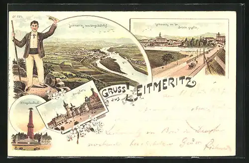 Lithographie Leitmeritz / Litomerice, Panorama von der Brücke aus, Ringplatz, Totalansicht