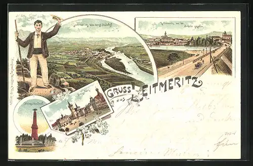 Lithographie Leitmeritz / Litomerice, Panorama von der Brücke aus, Ringplatz, Kriegerdenkmal