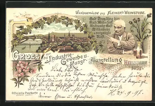 Lithographie Heilbronn, Industrie- Gewerbe- und Kunst-Ausstellung 1897, Gasthof Fleiners Weinstube