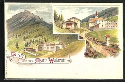 Künstler-AK Mühlbachl, Strassenpartie am Ortseingang, Panorama