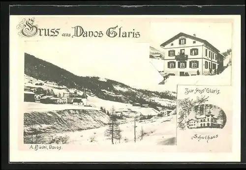 AK Davos-Glaris, Gasthof zur Post, Schulhaus