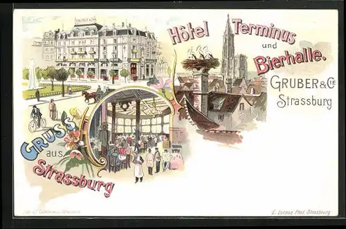 Lithographie Strassburg, Hotel Terminus und Bierhalle