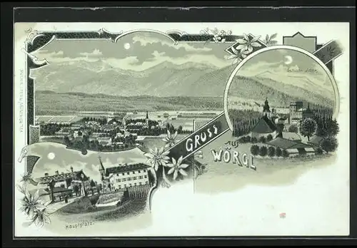 Mondschein-Lithographie Wörgl, Hauptplatz, Schloss Itter, Panorama