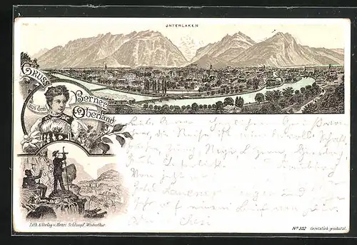Vorläufer-Lithographie Interlaken, 1893, Panoramablick auf Stadt und Berge, Bergsteiger