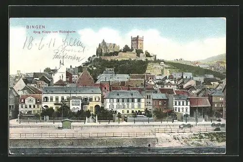 AK Bingen, Burg Klopp von Rüdesheim aus gesehen