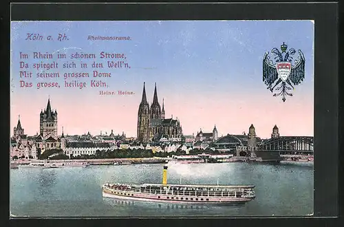 AK Köln, Rheinpanorama mit Dampfer, Blick zum Kölner Dom, Wappen