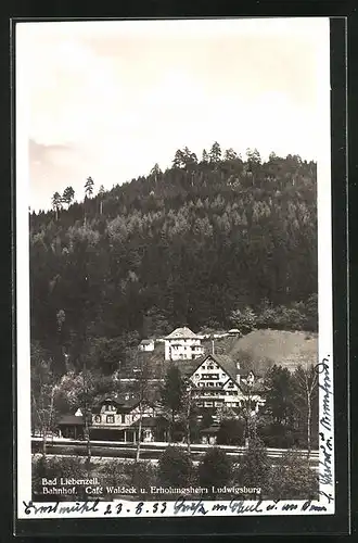 AK Bad Liebenzell, Bahnhof, Café Waldeck und Erholungsheim Ludwigsburg aus der Vogelschau