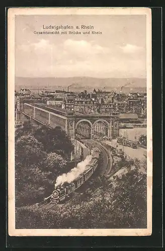 AK Ludwigshafen, Gesamtansicht mit Brücke und Rhein