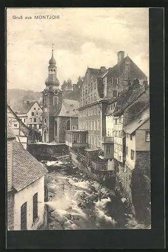 AK Montjoie, Flusspartie, Blick zur Kirche