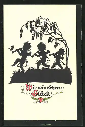 Künstler-AK Georg Plischke: Kinder springen musizierend über die Wiese Wir wünschen Glück