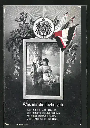 AK Soldat verabschiedet sich von seiner Liebsten, Soldatenliebe, Fahne und Wappen