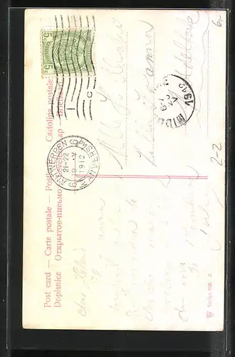AK Briefmarken des Deutschen Reichs mit Feder, Tinte und Schwamm