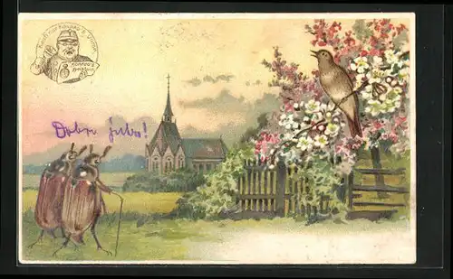 AK Maikäfer-Paar blick auf die Ortskirche