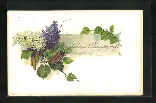 AK Maikäfer krabbelt auf Flieder und Blätterzweig, Pfingstgruss