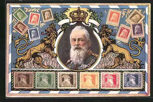 AK verschiedene Briefmarken und Portrait mit Prinzregent Luitpold
