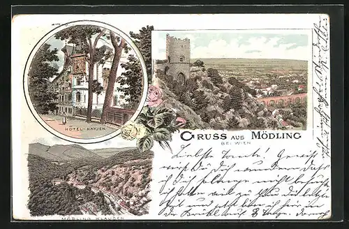 Lithographie Mödling, Hotel Hayjek, Klausen-Panorama, Gesamtansicht mit Burgruine