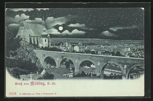 Mondschein-AK Mödling, Teilansicht mit Kirche und Viadukt