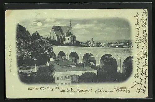 Mondschein-AK Mödling, Teilansicht mit Aquaduct