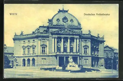 AK Wien, Deutsches Volkstheater, Vorderansicht mit Denkmal