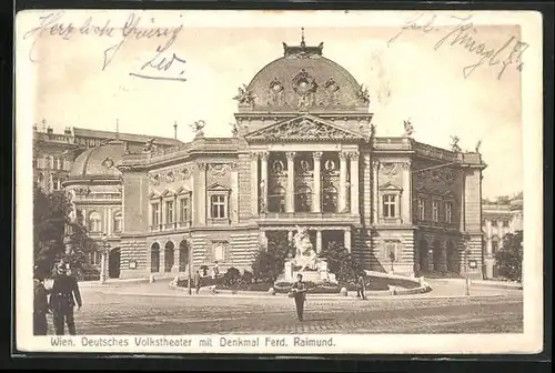 AK Wien, Volkstheater mit Denkmal Ferd. Raimund