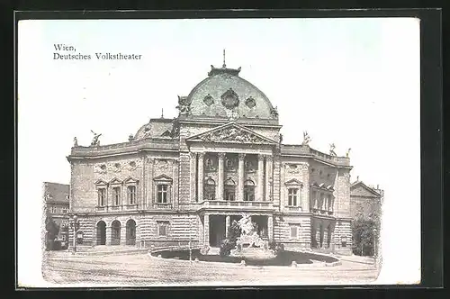 AK Wien, Deutsches Volkstheater, Vorderansicht mit Denkmal