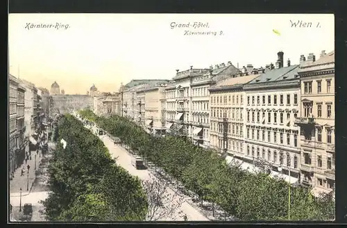 AK Wien, Grand Hotel und STrassenbahnverkehr auf dem Kärntner Ring