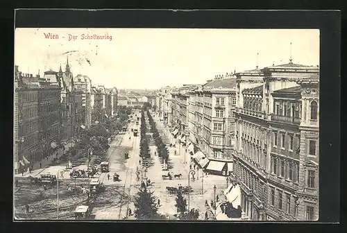 AK Wien, Schottenring mit Strassenbahnen aus der Vogelschau